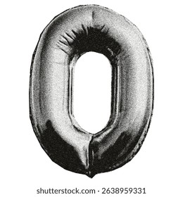 Number 0 with a grainy, dotted texture. Foil balloon shaped like the number 0. Perfect for Y2K-style collages, cards, posters, or prints. Halftone photocopy effect