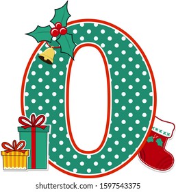 number 0 with green and white polka dots pattern and christmas design elements isolated on white background. can be used for holiday season card, nursery decoration or christmas party invitation