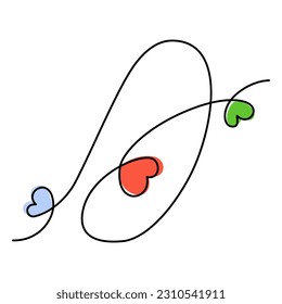 Number 0 handwritten in one continuous line with hearts and color spots in trendy shades. Vector