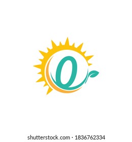 Number 0 icon logo with leaf combined with sunshine design concept