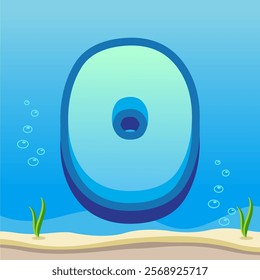 Number 0 Illustration with Gradient Blue Background, Bubbles, and Ocean Floor Details Featuring Sand and Seaweed