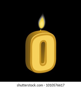 The number 0 as a lit candle gold color on a black background to celebrate a birthday.