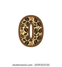 Number 0 made of coffee beans vector set, logo zero cofee beans