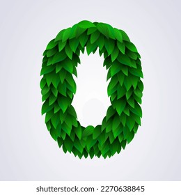Number 0 made of green leaves. Vector illustration