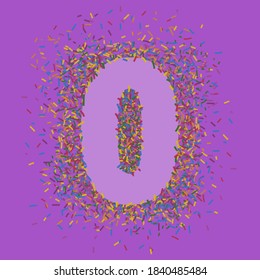 Number 0 made out of multicolored confetti. Zero years celebration concept. Vector.