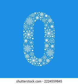 Number 0 made from white snowflakes. Christmas snow design element.