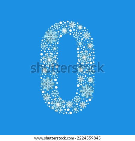 Number 0 made from white snowflakes. Christmas snow design element.