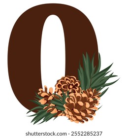 number 0 with new year design, namely different pine cones and pine branches for christmas and new year designs