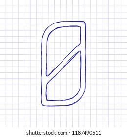 Number 0, numeral, zero. Hand drawn picture on paper sheet. Blue ink, outline sketch style. Doodle on checkered background
