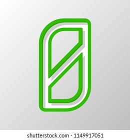 Number 0, numeral, zero. Paper style. Cut symbol with green bold contour on shape and simple shadow