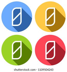 Number 0, numeral, zero. Set of white icons with long shadow on blue, orange, green and red colored circles. Sticker style