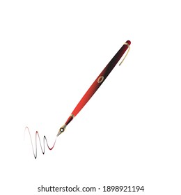 Number 0 on Fountain pen in red trim black and gold color body with drawing line on paper in white background