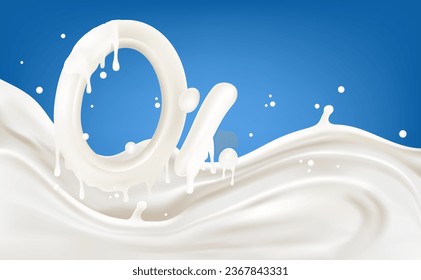 Number of 0% percentage symbolic with milk splashing on solid color background. Realistic 3D vector illustration. Food and drink concepts.