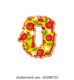 Number 0 pizza font. Italian meal alphabet numeral zero. Lettring fast food
