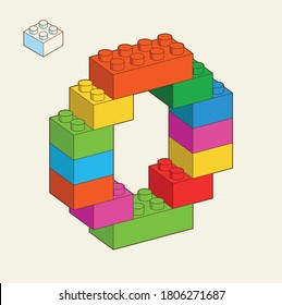 Number 0 from Plastic building blocks. Colored bricks isolated on white background. Vector 3d illustration.