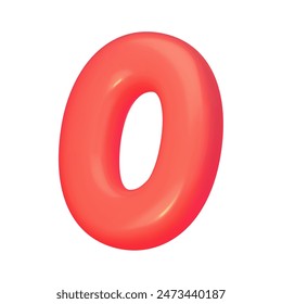 Number 0. Red digit zero in 3d style. Realistic design in cartoon balloon style, elements isolated on white background. Vector illustration