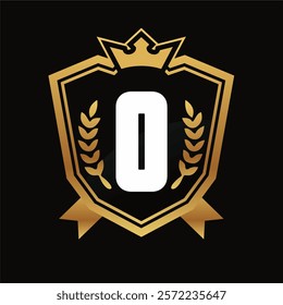 Number 0 Shield Logo with Golden Crown, Laurel Wreaths, and Black Background Premium Award Design Concept