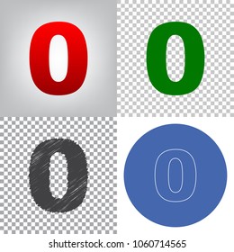 Number 0 sign design template element. Vector. 4 styles. Red gradient in radial lighted background, green flat and gray scribble icons on transparent and linear one in blue circle.