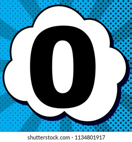 Number 0 sign design template element. Vector. Black icon in bubble on blue pop-art background with rays.