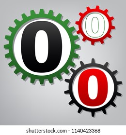 Number 0 sign design template element. Vector. Three connected gears with icons at grayish background.