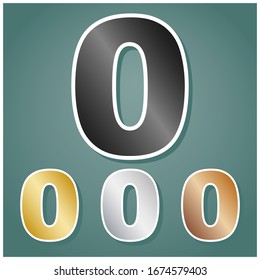 Elemento de plantilla de diseño de signo número 0. Conjunto de íconos metálicos con gradiente gris, dorado, plata y bronce con contorno blanco y sombra en fondo viridán. Ilustración.