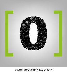 Number 0 sign design template element. Vector. Black scribble icon in citron brackets on grayish background.