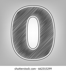 Number 0 sign design template element. Vector. Pencil sketch imitation. Dark gray scribble icon with dark gray outer contour at gray background.