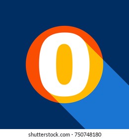 Number 0 sign design template element. Vector. White icon on tangelo circle with infinite shadow of light at cool black background. Selective yellow and bright navy blue are produced.