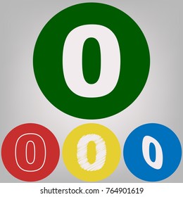 Number 0 sign design template element. Vector. 4 white styles of icon at 4 colored circles on light gray background.