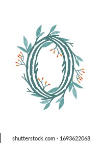 Number 0 style tree branches with leaves and berries botanical flowers floral art design element flat vector illustration