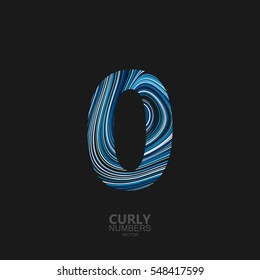 Number 0. Typographic vector element for design. Part of curly textured alphabet with marble or acrylic imitation. Digit zero with diffusion lines swirly pattern. Vector illustration
