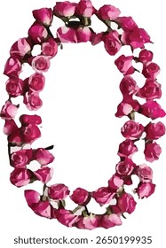 A number "0" vibrant illustration showcases a whimsical zero formed by a captivating arrangement of dark pink roses, each rose petal meticulously detailed, creating an elegant and eye-catching design.
