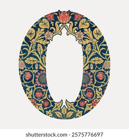 Number 0 vintage font, botanical pattern inspired by William Morris. Vintage number typography vector. Vintage art lettering illustration, old painting art. Isolated vintage number typography vector.