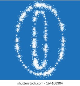 Number 0, from white snowflakes on blue background, vector font, alphabet, numbers, see the whole set in my portfolio