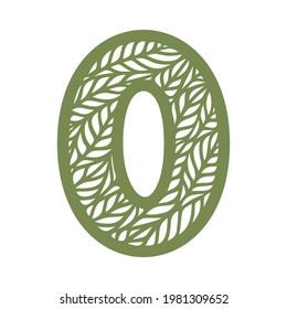 Number 0 (zero) with leaf pattern. Spring or summer font with floral ornaments. Decorative element for eco sign, logo, icon. Green digit on a white background. Flat style. Vector illustration.