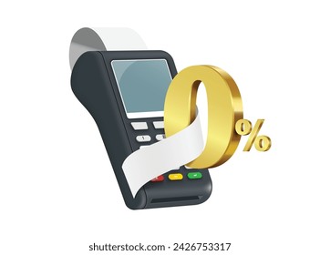 Number 0% zero percent Gold color placed on card reader and receipt paper or invoice paper wrapped together for promotion design Installment via credit card Interest or fees 0%, vector 3d isolated