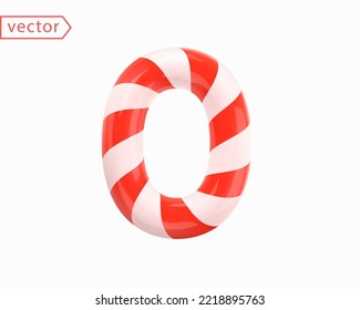 Number 0. Number zero sign white intertwined with red ribbon. Numeral as Candy Cane in cartoon style. Glossy object isolated on white background. 3D symbol vector illustration