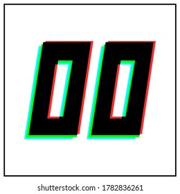 Number 00, zero vector desing logo.Dynamic, split-color, shadow of  number red, green, blue in black frame on white background.