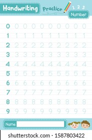 Number 0-10 Handwriting Trace Practice Worksheet For Preschool Kids Learning How To Write Layout In A4 Colorful Printable Version. Vector Illustration.