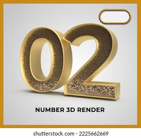 number 02 gold style 3D render luxury