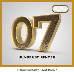 number 07 gold style 3D render luxury