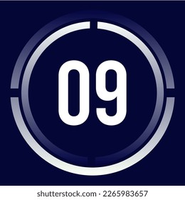 Number 09 design for business, print, books, movies, time-counting, companies in white, blue and blue gradient colors with half circles.