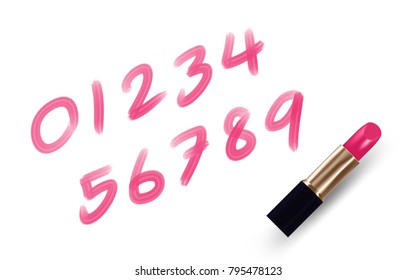 Number 0-9 write by Lipstick pink color isolated on white background, with copy space