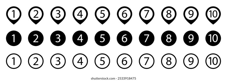 Ícone dos números de 1 a 10. Marcador aponta números. lista marcadores de 1 a 10. Elementos de design vetorial definidos para infográfico moderno. Ilustração vetorial