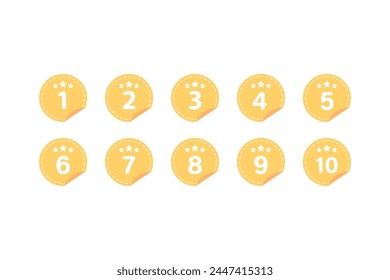 Number 1 to 10 icon set. Yellow round stars label stickers template. Achievement, award, review, rating concepts. Flat modern decorative vector design isolated illustration.