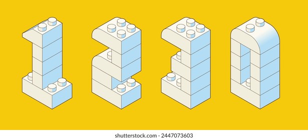 Número 1, 2, 3, 0 de bloques de construcción de plástico. Ladrillos de colores aislados sobre fondo blanco. Ilustración 3d de Vector.