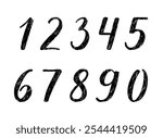 Number 1, 2, 3,  4, 5, 6, 7, 8, 9, 0 handwritten lettering modern brush calligraphy. The effect of brush painting. Black digits with thick and thin lines on white background.