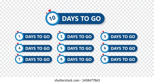 Number 1, 2, 3, 4, 5, 6, 7, 8, 9, 10, of days left to go. Collection badges sale, landing page, banner. vector illustration