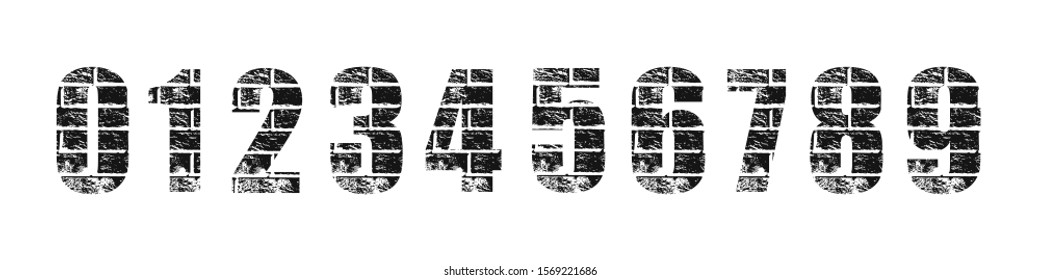 Number 1 2 3 4 5 6 7 8 9 0 graffiti grunge style brick wall texture. Masonry black numeral on white background. Block architecture construction font. Vector industrial illustration