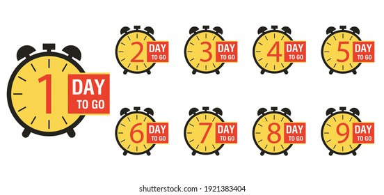 Faltan 1, 2, 3, 4, 5, 6, 7, 8, 9 días. Venta de insignias de colección, página de inicio, banner. Ilustración vectorial.